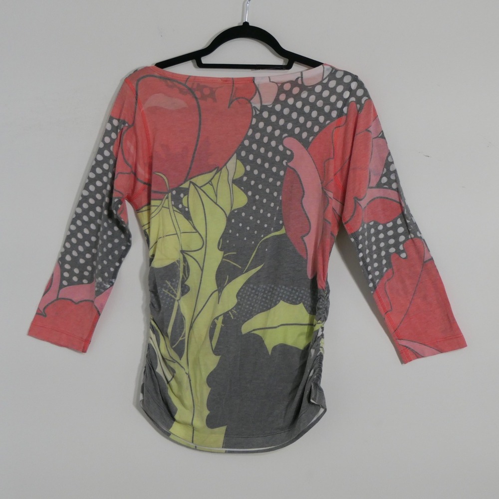 Emily Blu Womens Top L Pink Grey Floral Polka Dot Ruched Side Whimsigoth Boho - Picture 6 of 7